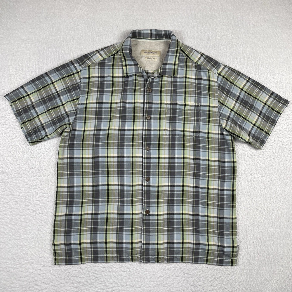 Tommy Bahama Shirt Mens Large‎ Blue Green Plaid Silk Preppy Travel Vacation Work